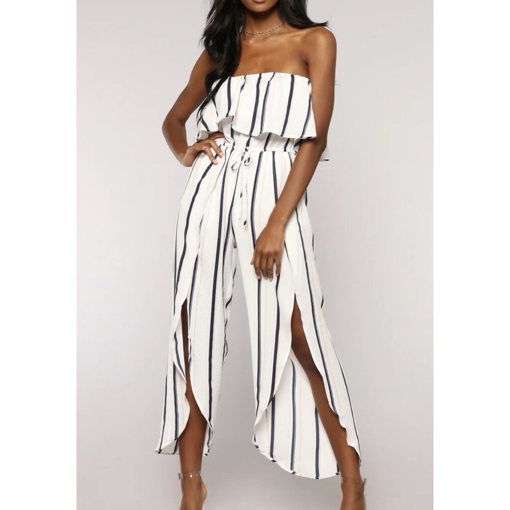 Fashion Nova Jumpsuit Size M  White Black Stripe Strapless Off Shoulder Slit Leg